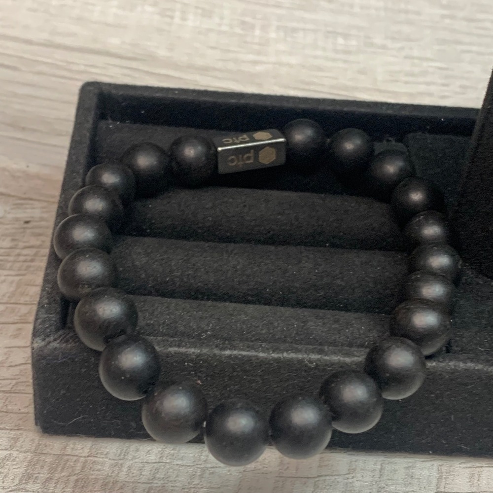 PTC Black Matte Beaded Stretch Bracelet Silver Tone Logo Accent 7.5-8 Inch